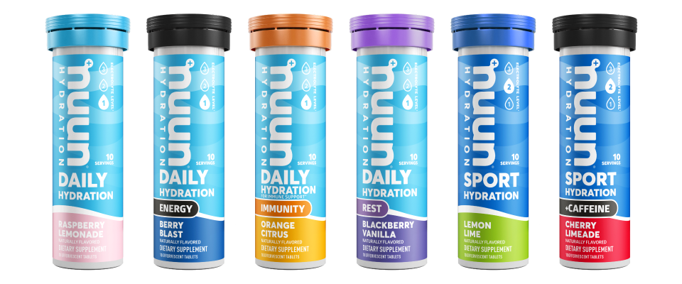 Nuun tubes lined up side by side: Nuun Daily, Nuun Energy, Nuun Immunity, Nuun Rest, Nuun Sport, and Nuun Sport + Caffeine.
