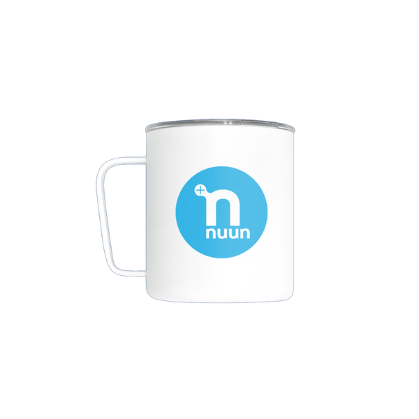 White MiiR camp cup with blue circle Nuun logo.