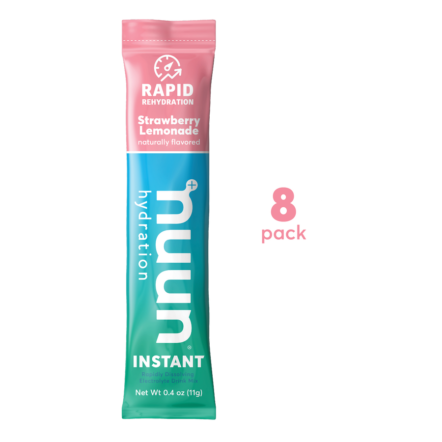 A single serving of Nuun Instant Strawberry Lemonade next to the words "8 pack."