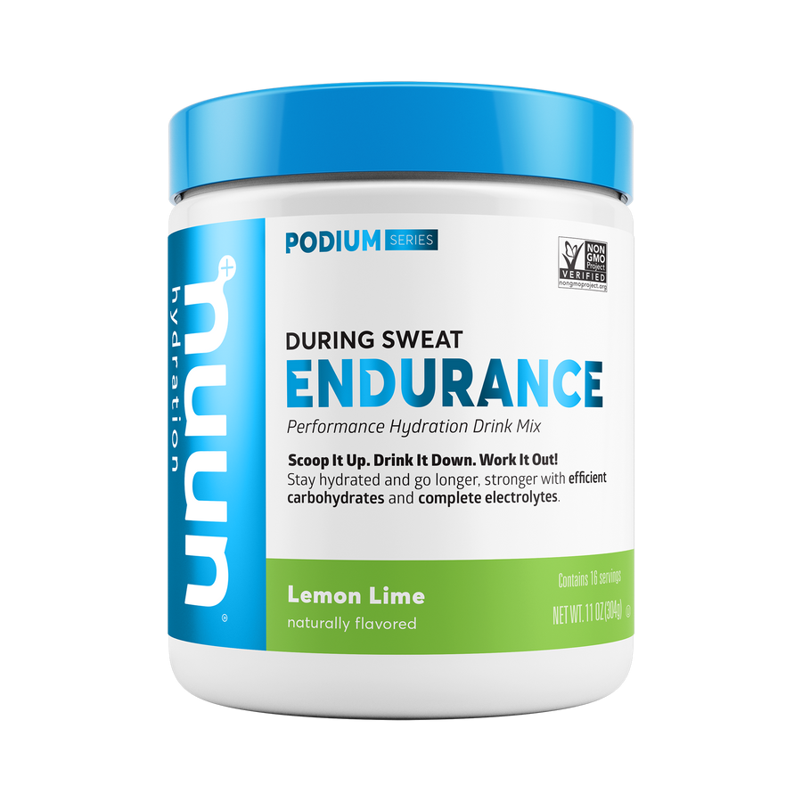 A canister of Nuun Endurance Lemon Lime.