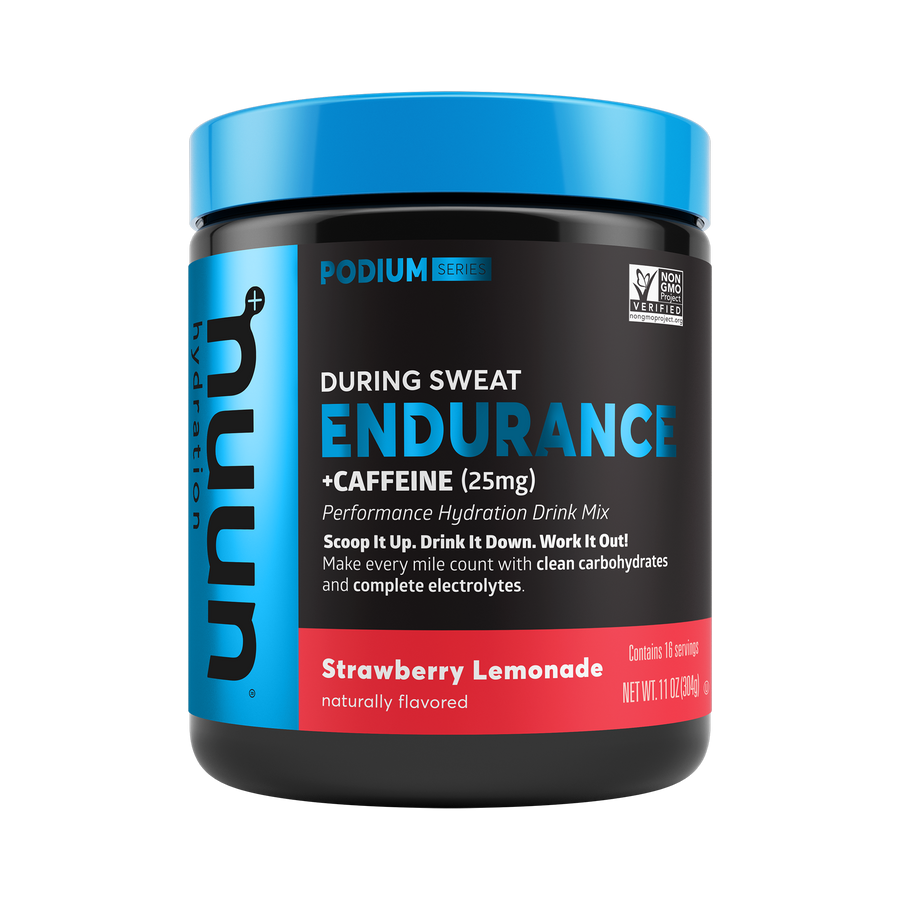 A canister of Nuun Endurance Strawberry Lemonade + Caffeine.