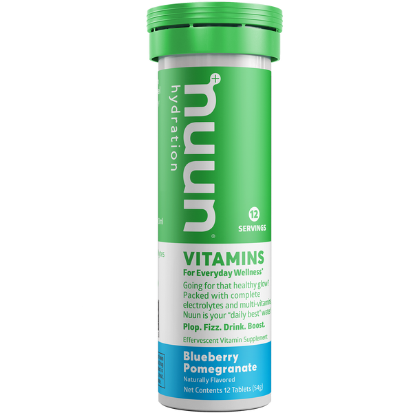 A tube of Nuun Vitamins Blueberry Tangerine.